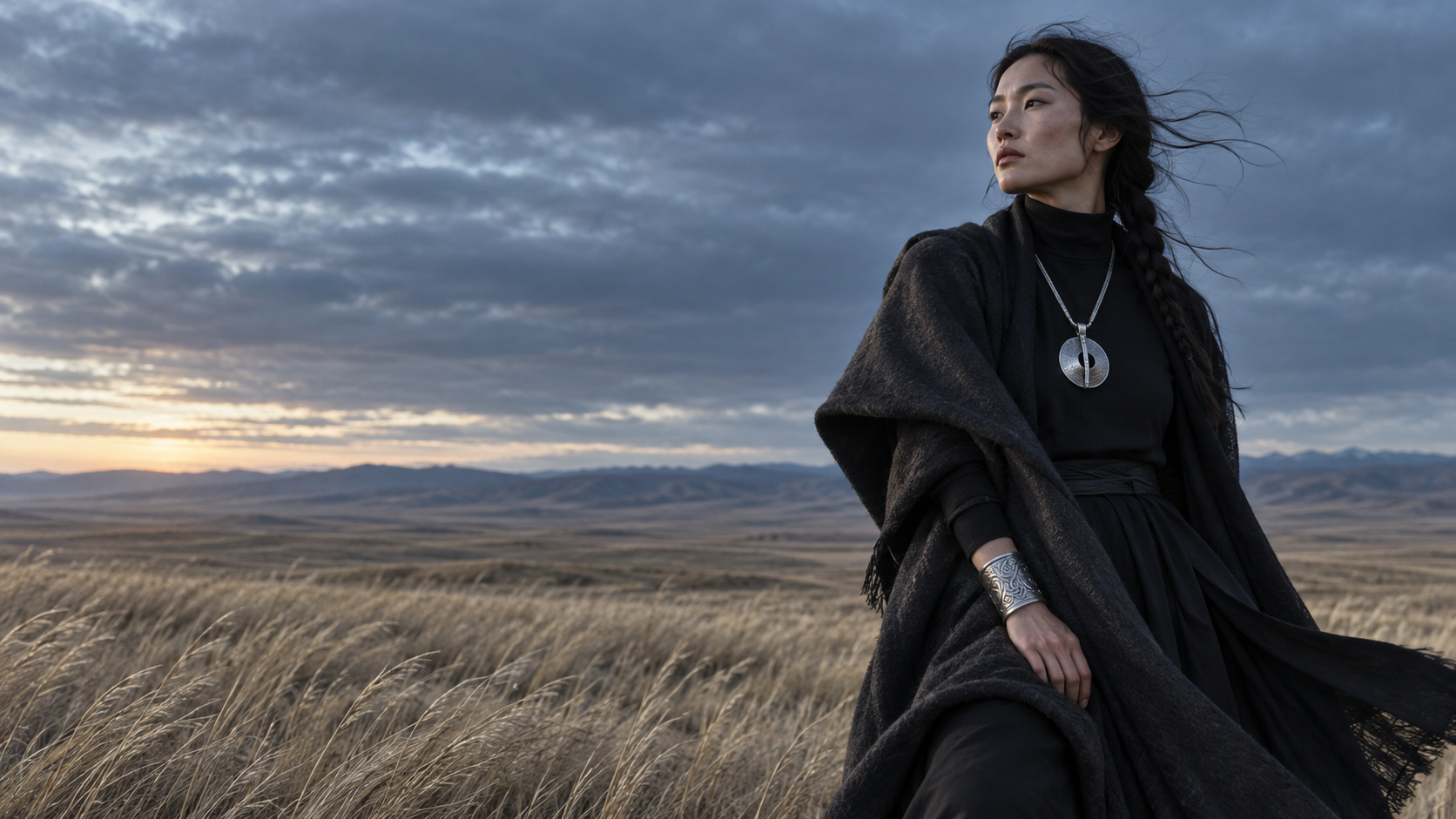 Concept image of a contemporary silver jewelry wearer on the open steppe